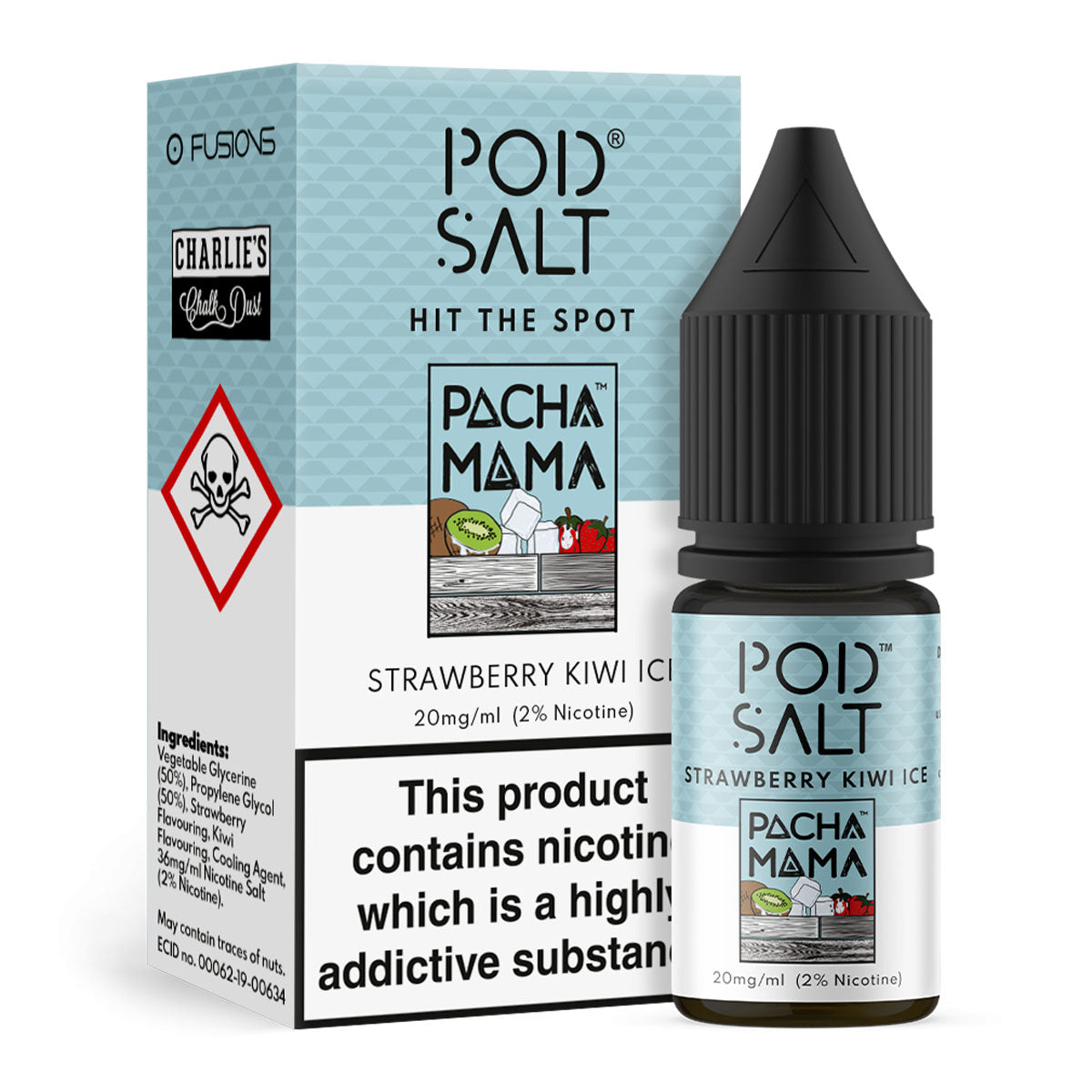 POD SALT CHARLIES CHALK DUST PACHA MAMA STRAWBERRY KIWI ICE 10ML NICOTINE SALT E-LIQUID FUSION